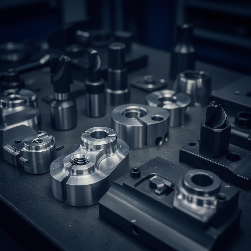 Precision CNC machined components on workbench
