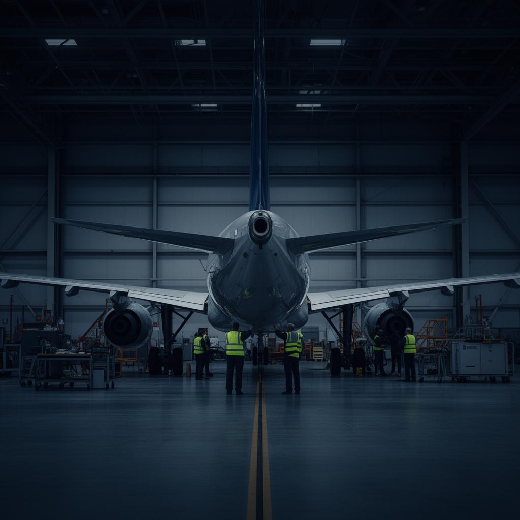 Aircraft in maintenance hangar with technicians